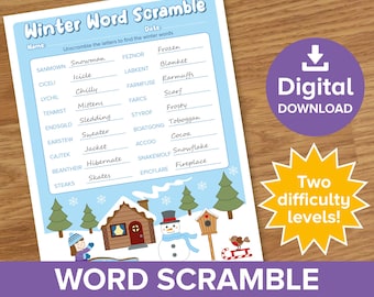 May include: A printable winter word scramble worksheet with a cartoon illustration of a snowman, a cabin, and a sled. The worksheet includes a list of winter-themed words that need to be unscrambled.