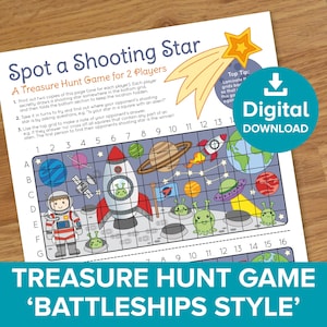 May include: A printable treasure hunt game titled "Spot a Shooting Star" for two players. The game features a grid with space-themed illustrations, including rockets, planets, and aliens. The words "Digital Download" are also visible.