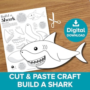 Shark Cut & Paste Craft Printable, Marine Life Great White Fish Color Build Art Kit, Ocean Animal Paper Model, Underwater Creature Template