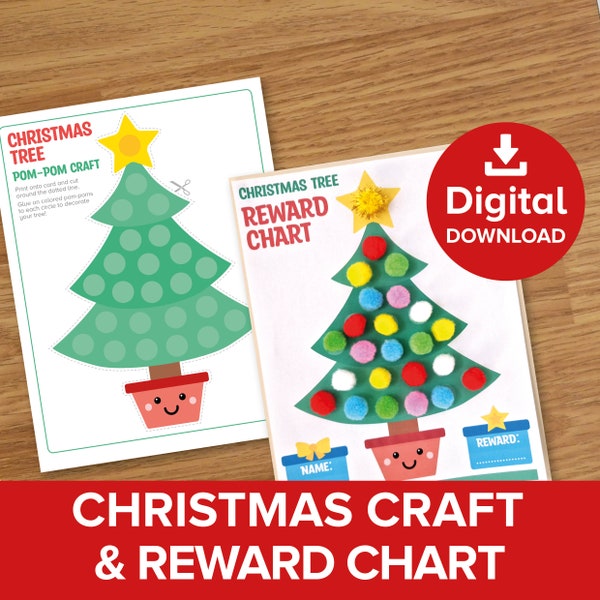 Christmas Tree Countdown Advent Calendar, Kids Pom-Pom Xmas Craft Project Kit, Children's Sticker Reward Chart Count Down Activity Printable