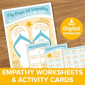 Hojas de trabajo sobre empatía, tarjetas de actividades de bondad y salud mental para niños, herramienta educativa de atención plena, imprimibles sobre emociones y sentimientos en el aula.