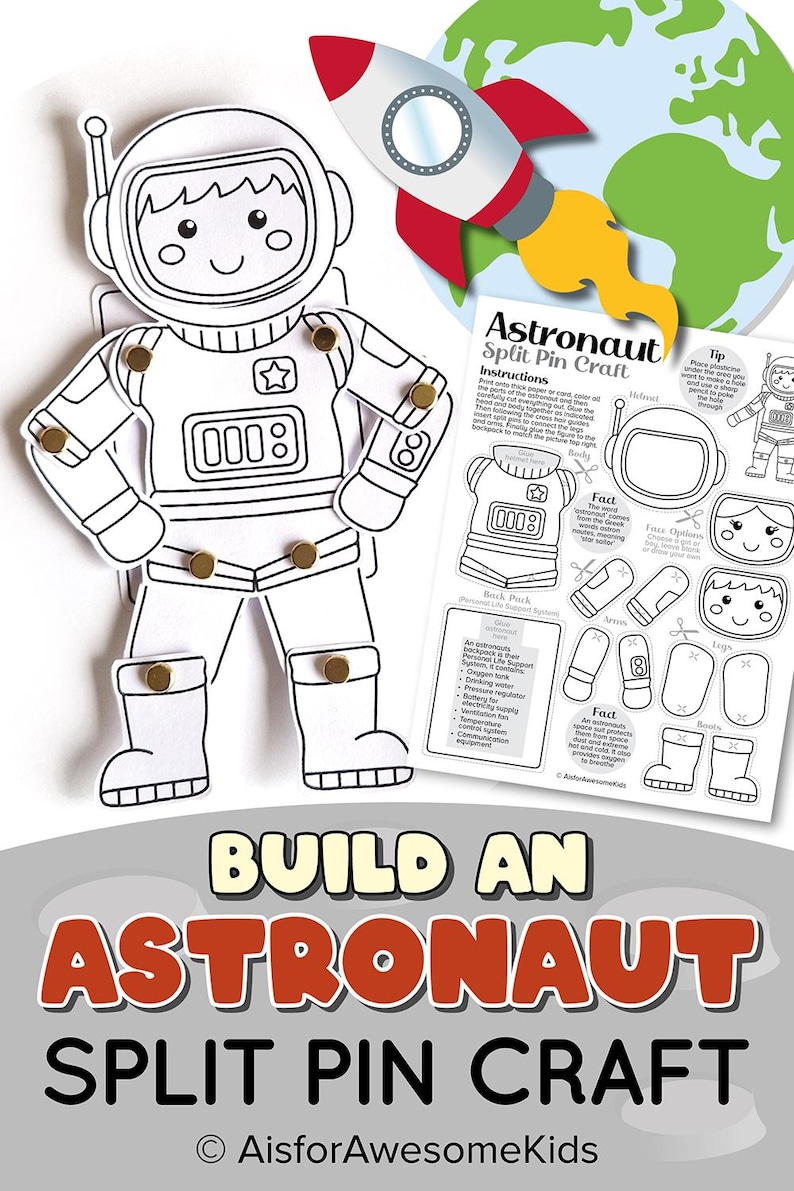 Astronaut Split Pin Craft, Color and Build Spaceman Puppet, Kids Paper ...