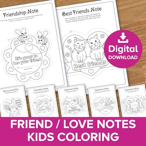 Paquete de notas de amistad/San Valentín, regalo de animales recortables y para colorear para niños, manualidad imprimible de Galentine's BBF, tarjetas para colorear DIY de mejores amigos