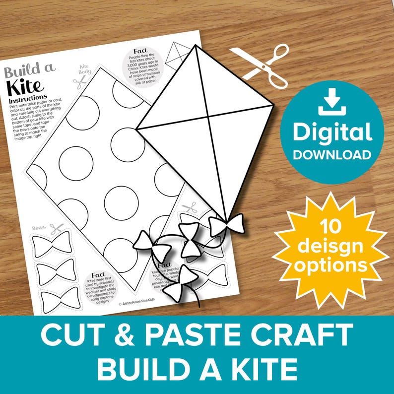 K&ouml;nnte beinhalten: Eine wei&szlig;e Drachenvorlage mit Anweisungen und Schleifenausschnitten, zusammen mit einem gepunkteten Drachenk&ouml;rper. Das Bild enth&auml;lt den Text "Build a Kite" und "Cut & Paste Craft". Ein digitaler Download ist mit 10 Designoptionen verf&uuml;gbar.