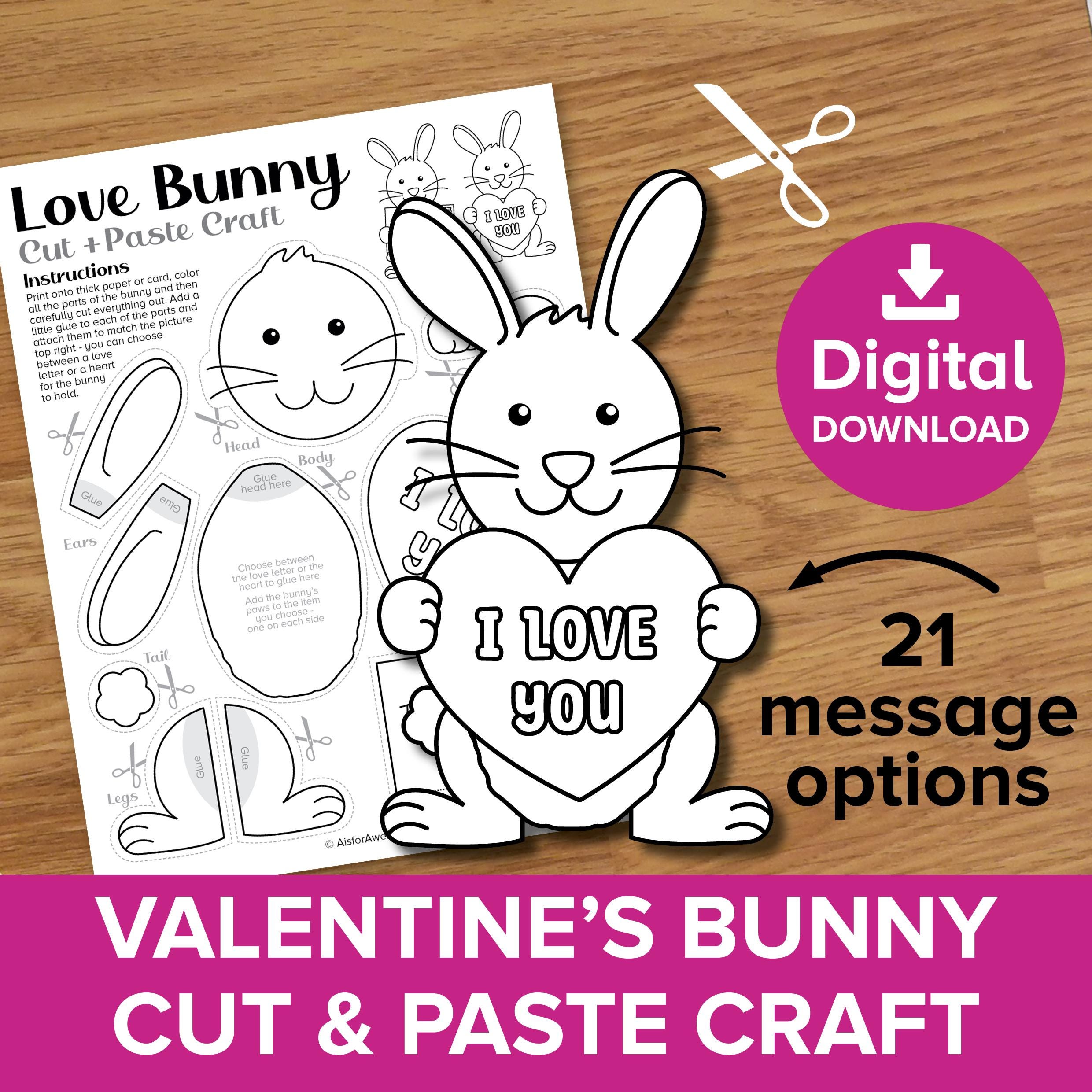 Love Bunny Cut & Paste Craft, Valentines Note Heart Coloring