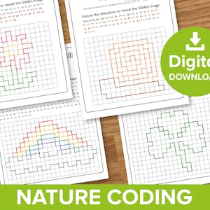 May include: Four printable worksheets with gridded squares and instructions to follow directions to reveal hidden images. The images are a flower, a spiral, a rainbow, and a four-leaf clover.