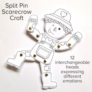 May include: A black and white printable craft of a scarecrow with 12 interchangeable heads expressing different emotions. The title "Split Pin Scarecrow Craft" is at the top of the page.