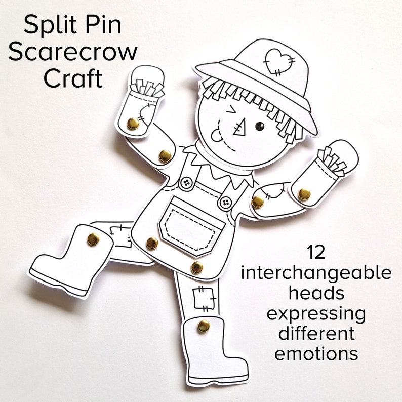 May include: A black and white printable craft of a scarecrow with 12 interchangeable heads expressing different emotions. The title "Split Pin Scarecrow Craft" is at the top of the page.