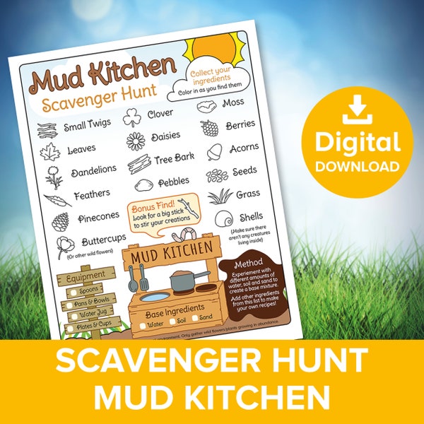 Mud Kitchen Scavenger Hunt List, Kids Outdoor Nature Cooking Treasure Trail Activity, Spot & Color Role Play Ingredients Checklist Printable