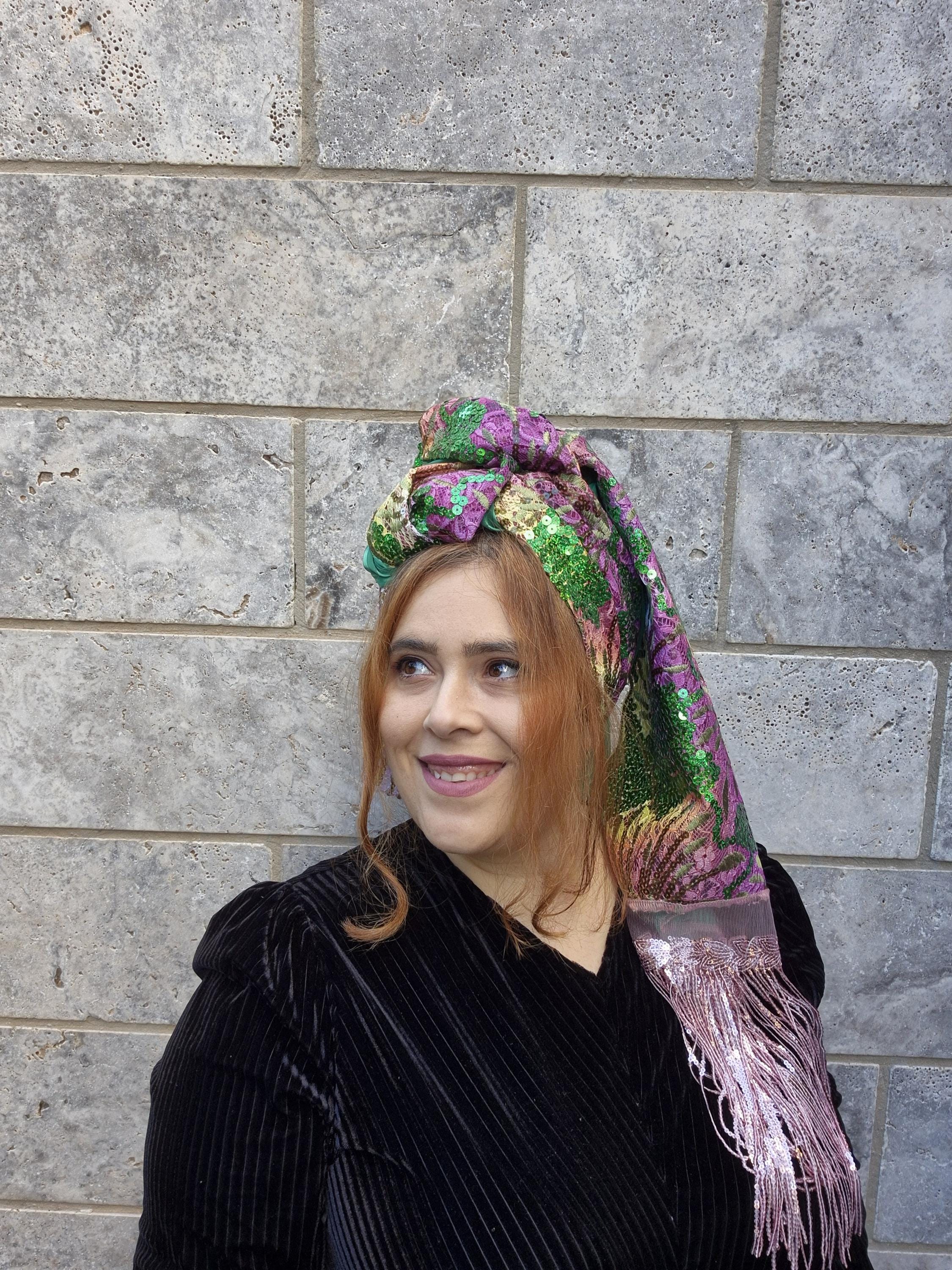 Green and Purple Tichel With Sequins | Elegant Head Wrap 