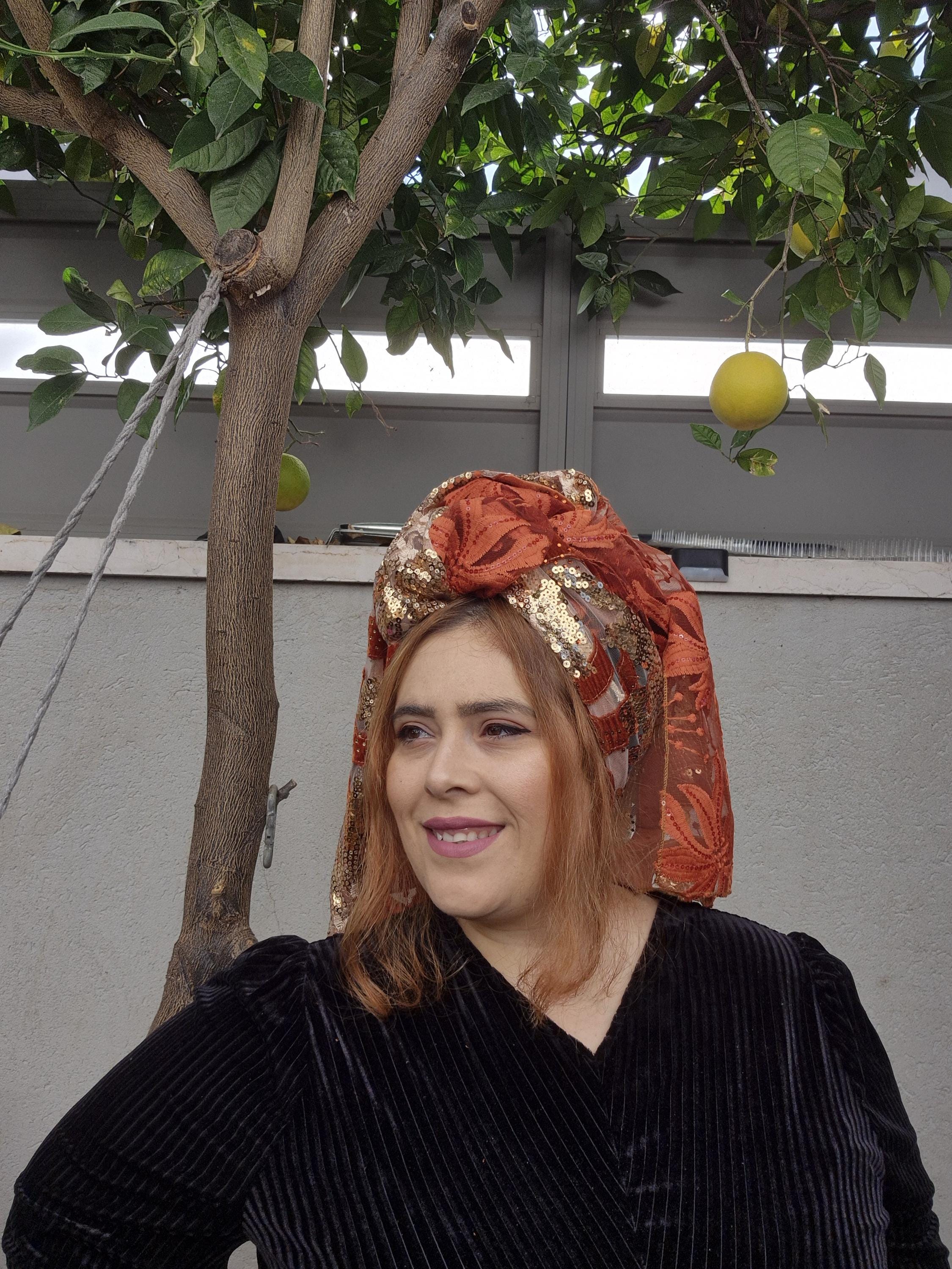 Elegant Orange Sequin Wrapped Headwrap NEW* Burnt Orange Sequin Headwrap Reversible Turban Headband  main image 3