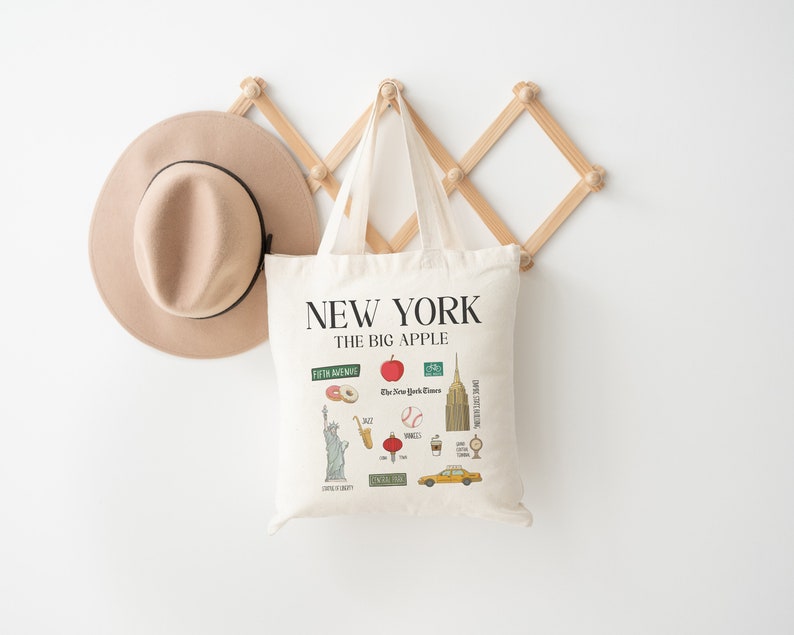 New York Landmarks Tote Bag, New York Tote Bag, Natural Canvas Shopping Bag, Gift for Her, Etsy