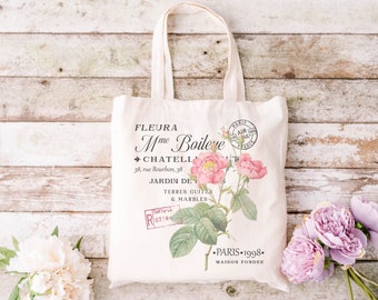 Floral Tote Bag, Retro Tote Bag, French Tote Bag, Paris Tote Bag, Shopping Bag, Grocery Bag