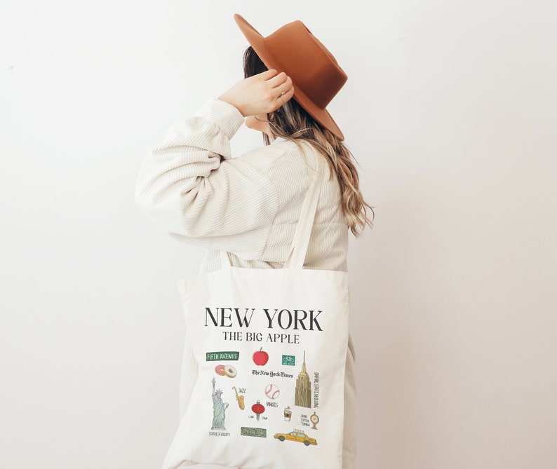 New York Landmarks Tote Bag, New York Tote Bag, Natural Canvas Shopping Bag, Gift for Her, Etsy
