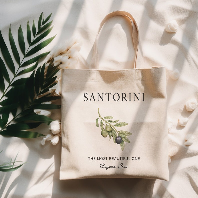 Santorini Tote Bag, Greece Tote Bag, Olive Tote Bag, Natural Canvas