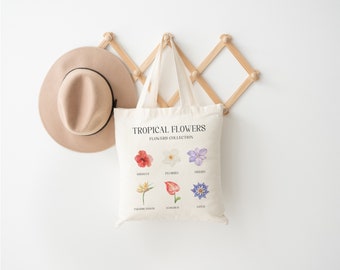 Tropical Flowers Tote Bag, Flower Tote Bag, Natural Canvas Shopping Bag, Gift For Her