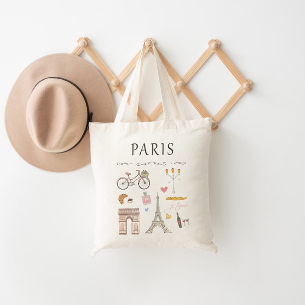 Paris Landmarks Tote Bag, Paris Tote Bag, Eiffel Tower Tote Bag, Natural Canvas Shopping Bag, Gift For Her