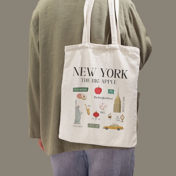 New York Landmarks Tote Bag, New York Tote Bag, Natural Canvas Shopping Bag, Gift For Her,