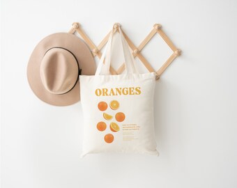 Oranges Tote Bag, Orange Gift, Natural Canvas Shopping Bag, Fruit Tote Bag, Grocery Tote