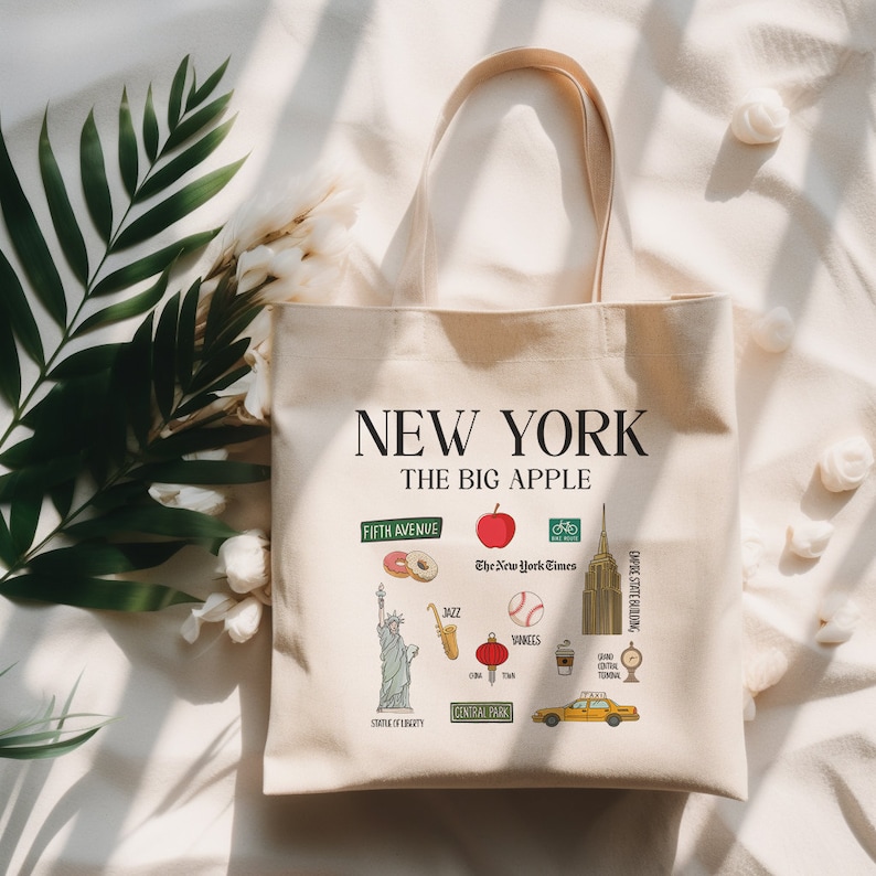 New York Landmarks Tote Bag, New York Tote Bag, Natural Canvas Shopping Bag, Gift for Her, Etsy