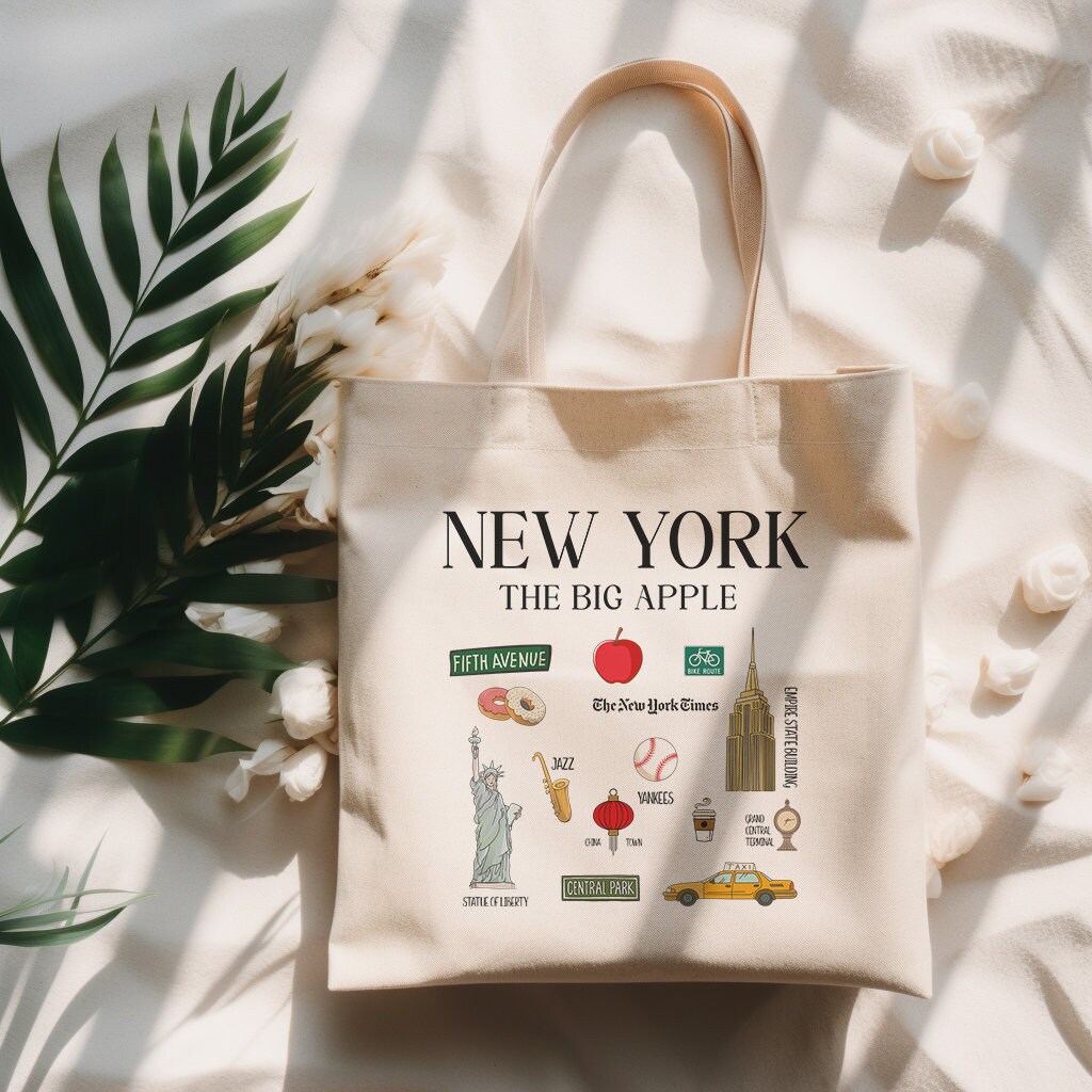 New York Landmarks Tote Bag, New York Tote Bag, Natural Canvas Shopping