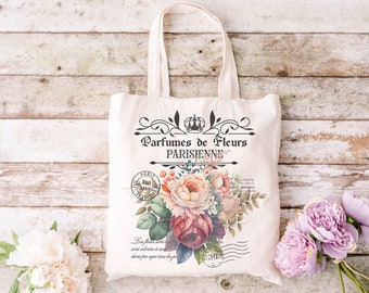 Parfumes De Fleurs Tote Bag, Retro Tote Bag, Flower Tote Bag, Paris Tote Bag, Shopping Bag, Grocery Bag