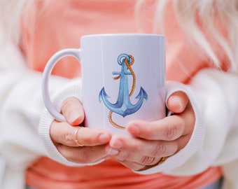 Watercolor Blue Anchor Mug, Costal Decor, Nautical Mug, 11oz Ceramic Coffee Mug, Gift For Friends