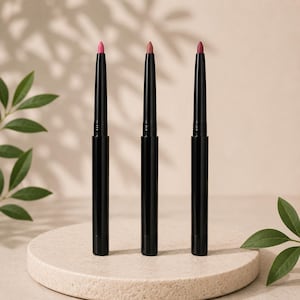 Puede incluir: Tres lápices cosméticos cilíndricos de color negro, delgados y dispuestos verticalmente. Cada lápiz cuenta con un mecanismo giratorio y un tono de labial distinto en la punta: uno rosa claro, uno beige neutro y uno malva intenso, con diseño liso.