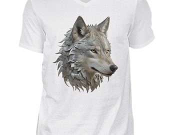 Bio-Herrenshirt mit V-Ausschnitt und Wolf-Print – 100 % Baumwolle, Premium Qualität