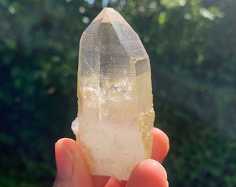 May include: A clear quartz crystal with a yellow-gold hue. The crystal is pointed at the top and has a flat base. It is being held in a hand.
