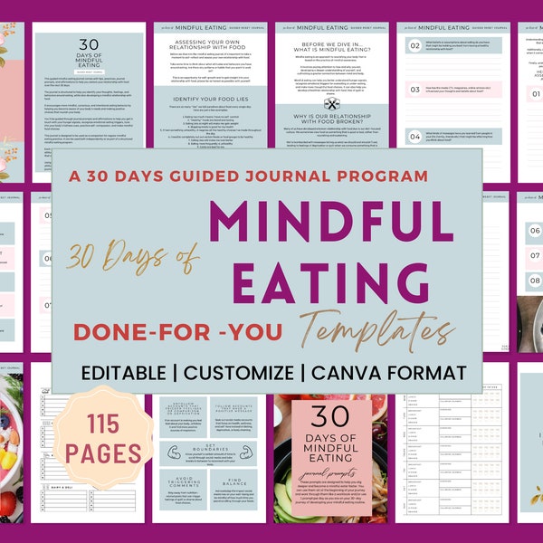 Mindful Eating Journal, Mindfulness Food, Nutrition Diet Foodie Planner, Weight Loss Planner, Done for You Canva Templates,Coaches Content