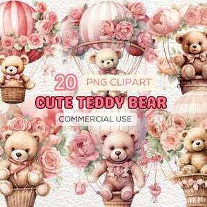 Puede incluir: 20 imágenes PNG clipart de ositos de peluche lindos en globos aerostáticos con rosas rosadas y vegetación. Uso comercial.