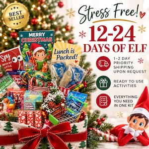 May include: A Christmas elf activity kit in a gift basket with a red bow, featuring various small toys, snacks, and games. Text includes Stress Free! 12-24 DAYS OF ELF, MERRY CHRISTMAS, Spy WITH MY LITTLE, Lunch is Packed!, and Best Seller.