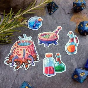 May include: A set of six colorful cartoon stickers featuring a cauldron, mortar and pestle, three bottles, and a blue dice. The stickers are on a gray background with a sprig of rosemary.