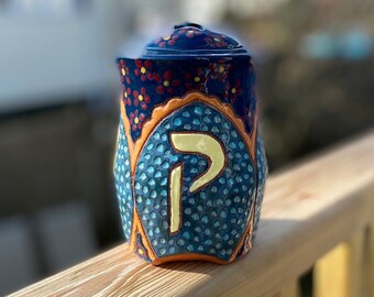 Ceramic Tzedakah Box with Flowers and Carvings