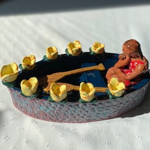 Ceramic Chanukah Boat Menorah with Flowers