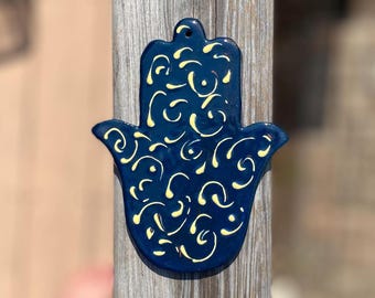 Small Hamsa/Chamsa/Khamsa Dark Blue and Yellow Ceramic Wall Hanging