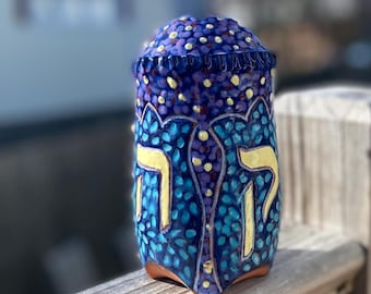 Handmade Ceramic Tzedakah Box in Vibrant Purple, Turquoise, Maroon and Yellow