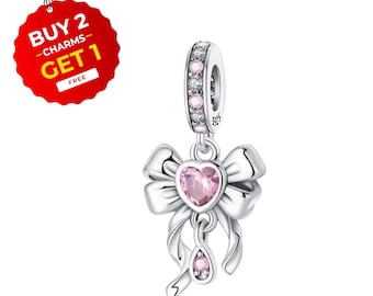 Pink Heart Bow Sterling Silver Charm for Pandora Bracelet