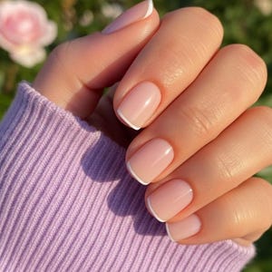 May include: A hand displaying a French manicure with natural pink nails and white tips. The hand is wearing a light purple sweater, with pink roses in the background.