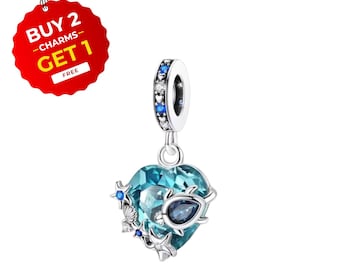 Sea Turtle Starfish Heart Charm, S925 Sterling Silver