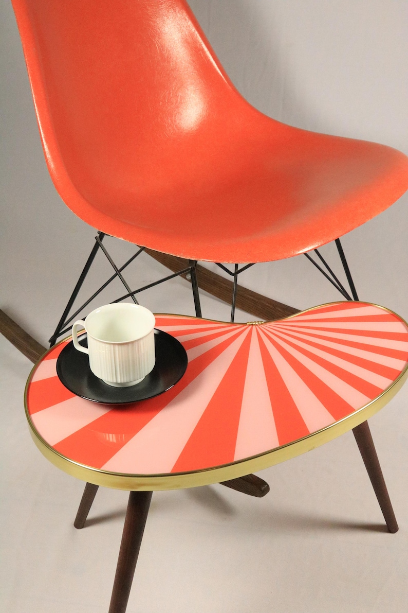 Kidney shaped table, small, side table, flower table, stripes, sunburst decor, vintage 50s inspired, Red/Pink image 1