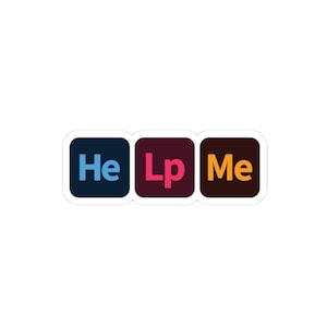 May include: A sticker with the words "He Lp Me" in a block letter style. The letters are in three separate squares. The first square is blue, the second is maroon, and the third is brown.