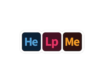 Könnte beinhalten: Ein Aufkleber mit dem Schriftzug "He Lp Me" in einem Blockbuchstabenstil. Die Buchstaben befinden sich in drei separaten Quadraten. Das erste Quadrat ist blau, das zweite ist weinrot und das dritte ist braun.
