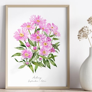 September Birth Flower Watercolor Print, Aster Painting, Personalized Birth Flower Art, September Birthday Gift, September Baby Gift