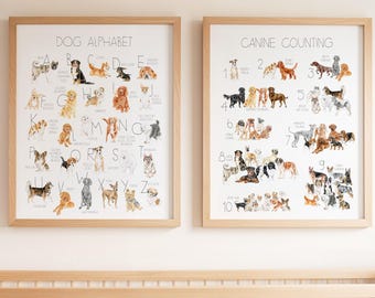 Dog Nursery Decor – Watercolor Dog Alphabet and Counting Prints Set