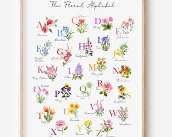 Flower Alphabet, Floral Alphabet Poster, Wildflower Alphabet, Wildflower Nursery Decor, Garden Nursery, Alphabet Print, Watercolor Flowers