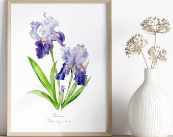 February Birth Flower Print, Watercolor Iris Print, Custom Birth Flower Painting, Personalized Baby Gift, February Baby Gift, Purple Iris
