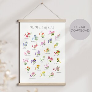 Bloem alfabet afdrukbare, kleurrijke Wildflower alfabet, Floral alfabet, aquarel alfabet, decor van de kwekerij, kleurrijke ABC afdrukbare, JPG