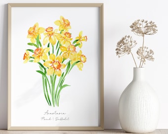 Personalized March Birth Flower Print, Daffodil Painting, Daffodil Art Print, March Baby Gift, March Birth Flower Art, Infant Loss Gift